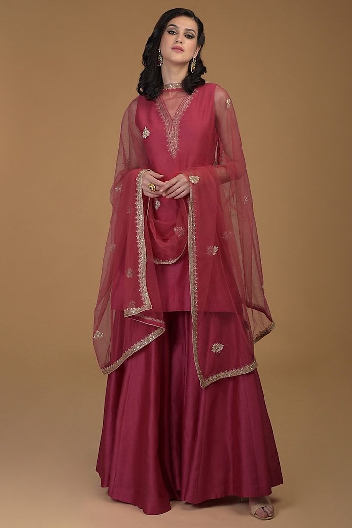 Ruby Red Embroidered Gharara Set by Talking Threads