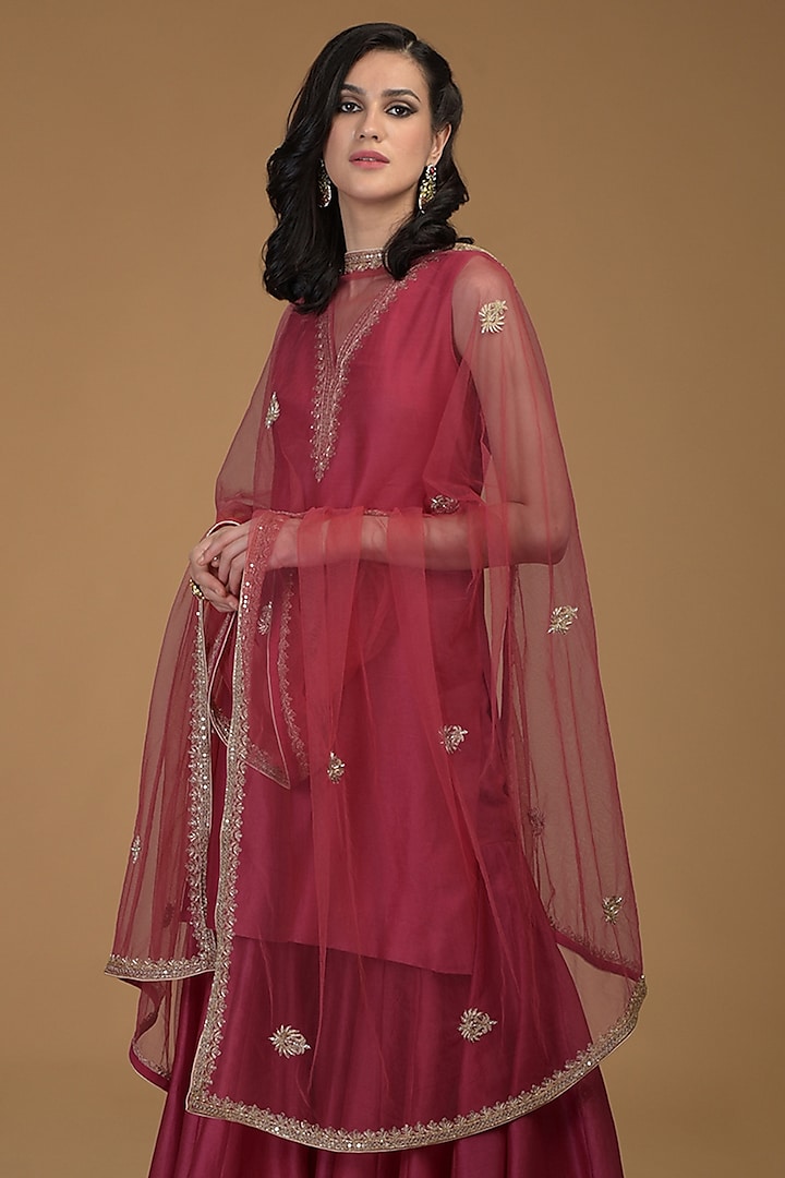 Ruby Red Embroidered Dupatta by Talking Threads