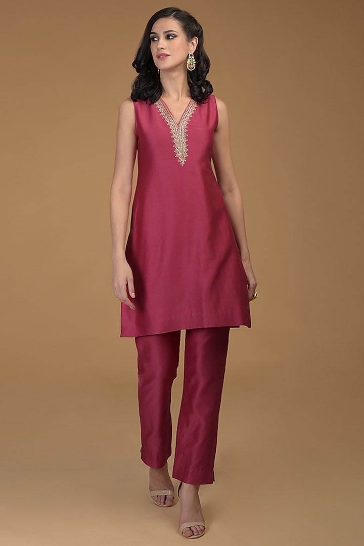 Ruby Red Embroidered Kurta With Pants by Talking Threads