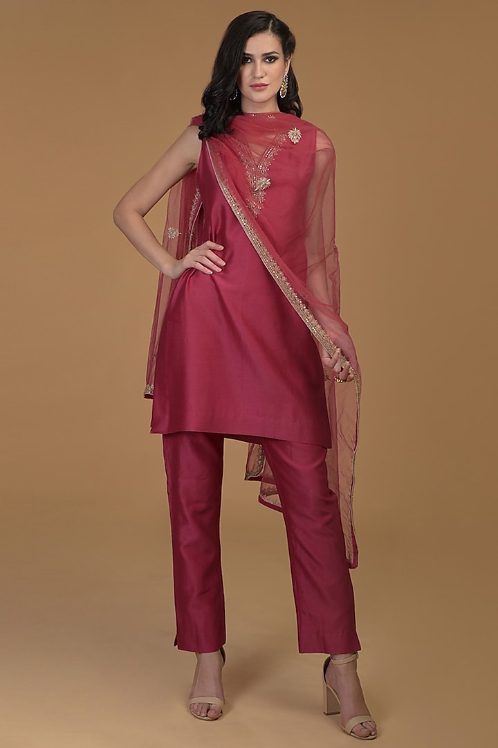 Ruby Red Embroidered Kurta Set by Talking Threads