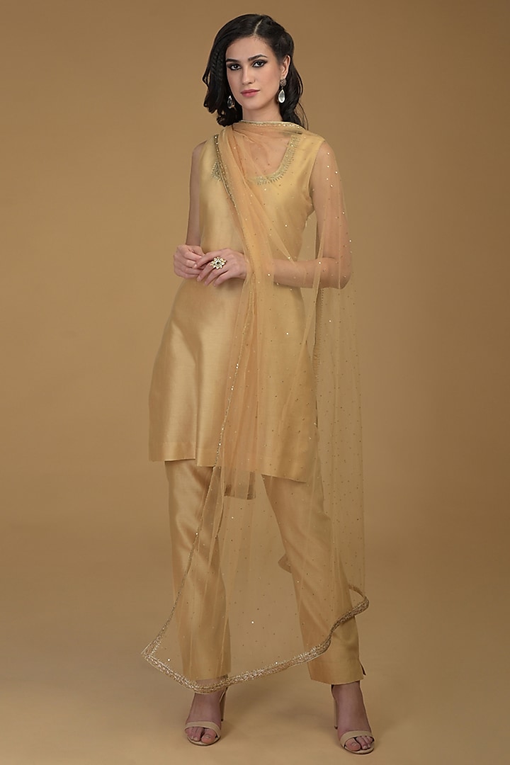 Nude Gold Embroidered Kurta Set by Talking Threads