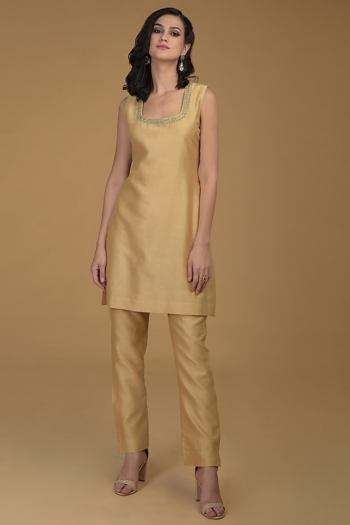 Nude Gold Embroidered Kurta With Pants by Talking Threads