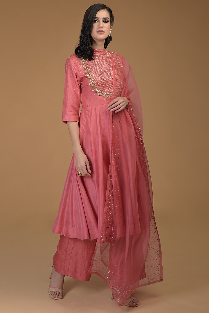 charcoal Grey Embroidered Kurta With Pants by Talking Threads