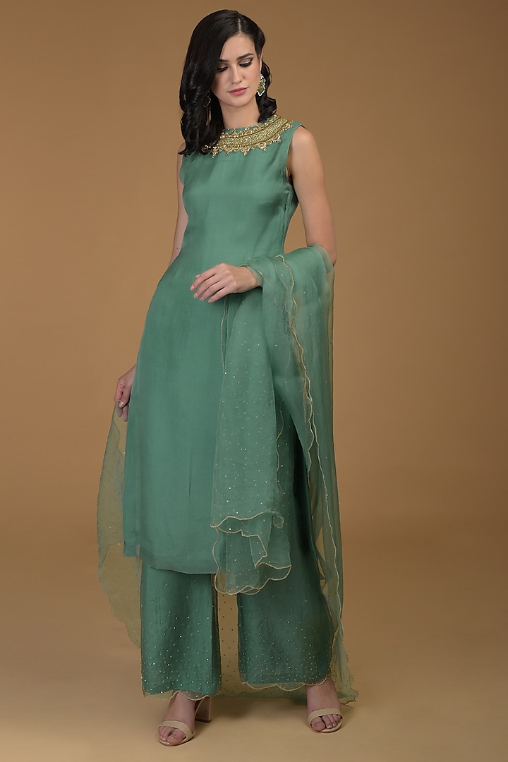 Turquoise Embroidered Kurta With Pants by Talking Threads