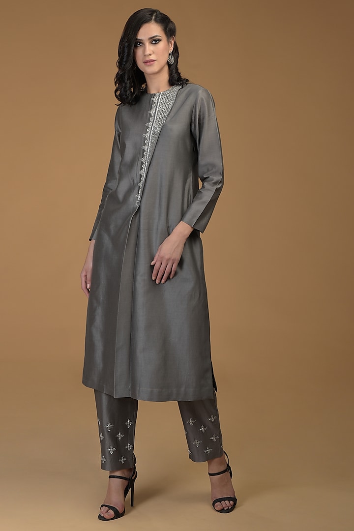 Charcoal Grey Embroidered Kurta With Pants by Talking Threads