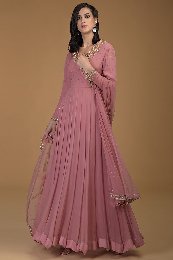 Rose Pink Embroidered Anarkali With Dupatta by Talking Threads