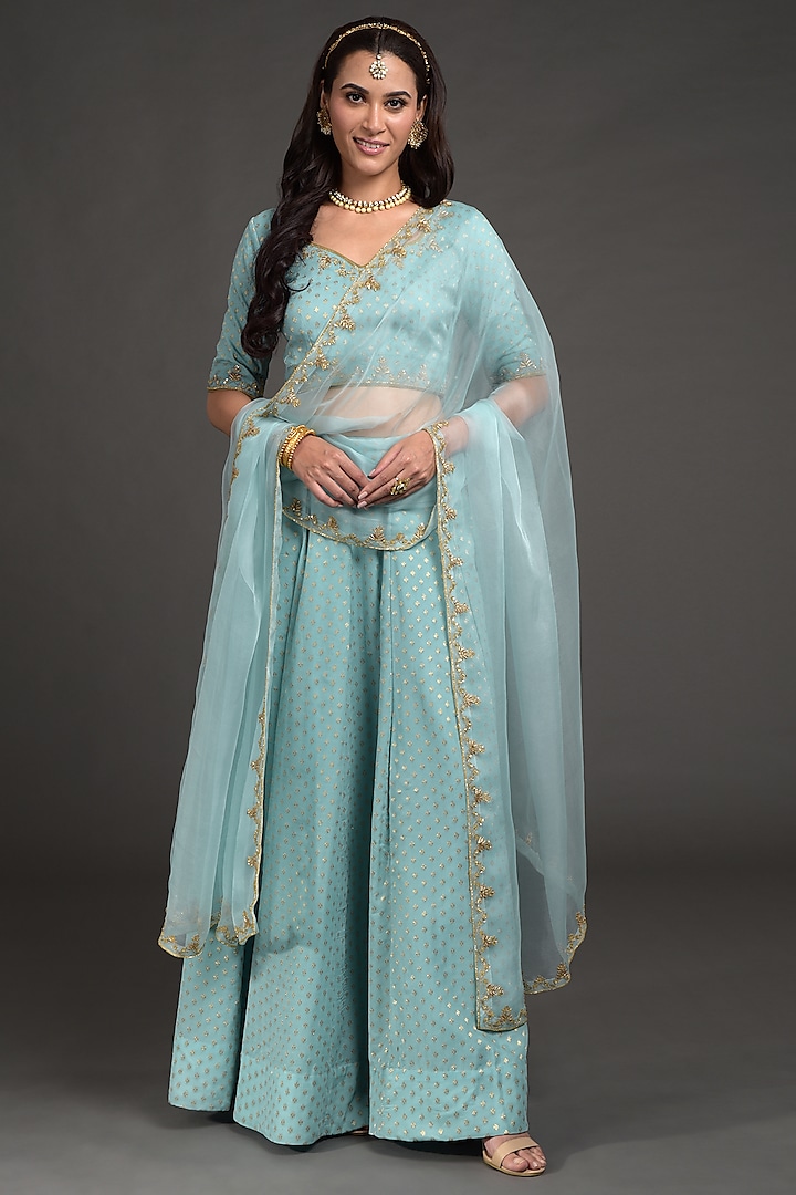 Aqua Haze Blue Hand Embroidered Wedding Lehenga Set by Talking Threads at Pernia's Pop Up Shop