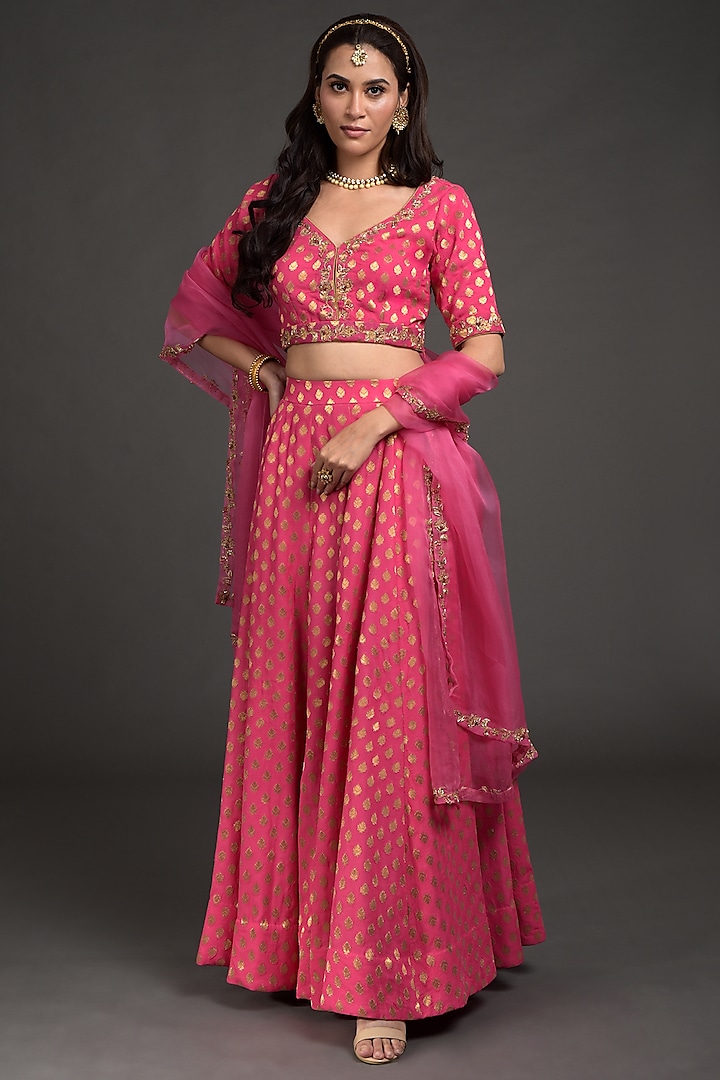 Raspberry Pink Hand Embroidered Lehenga Set by Talking Threads