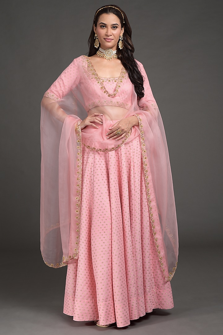 Pink Hand Embroidered Lehenga Set by Talking Threads