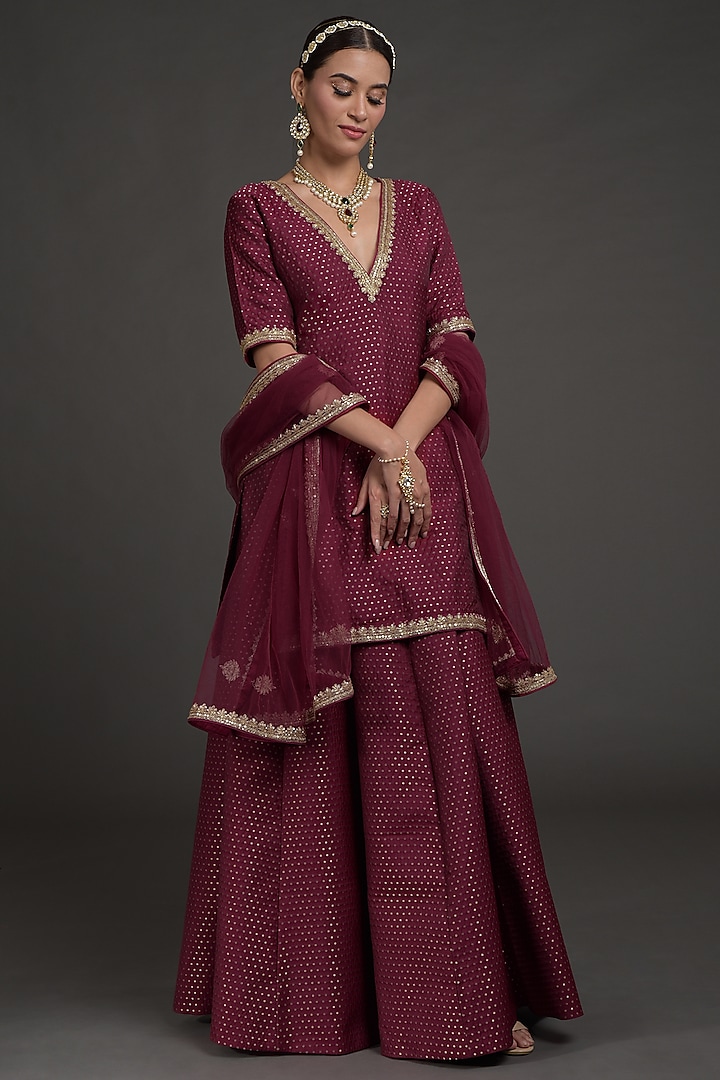 Wine Zardosi Embroidered Lehenga Set by Talking Threads