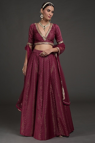 Wine Hand Embroidered Lehenga Set by Talking Threads