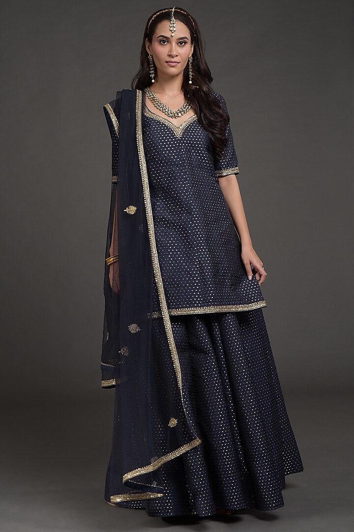 Navy Blue Hand Embroidered Lehenga Set by Talking Threads