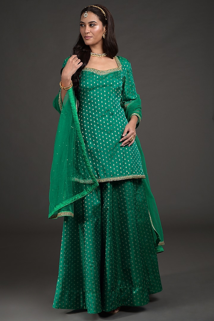 Emerald Green Hand Embroidered Lehenga Set by Talking Threads