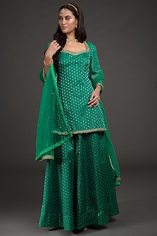 Emerald Green Hand Embroidered Lehenga Set by Talking Threads