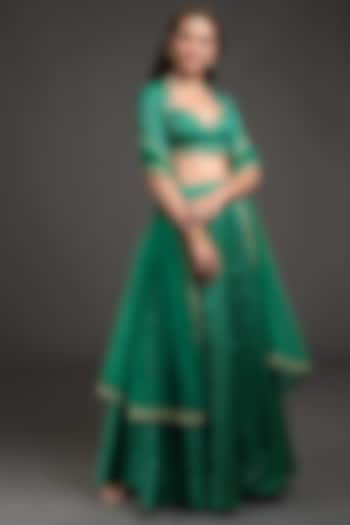 Emerald Green Embroidered Lehenga Set by Talking Threads