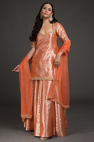 Orange Embroidered Lehenga Set by Talking Threads