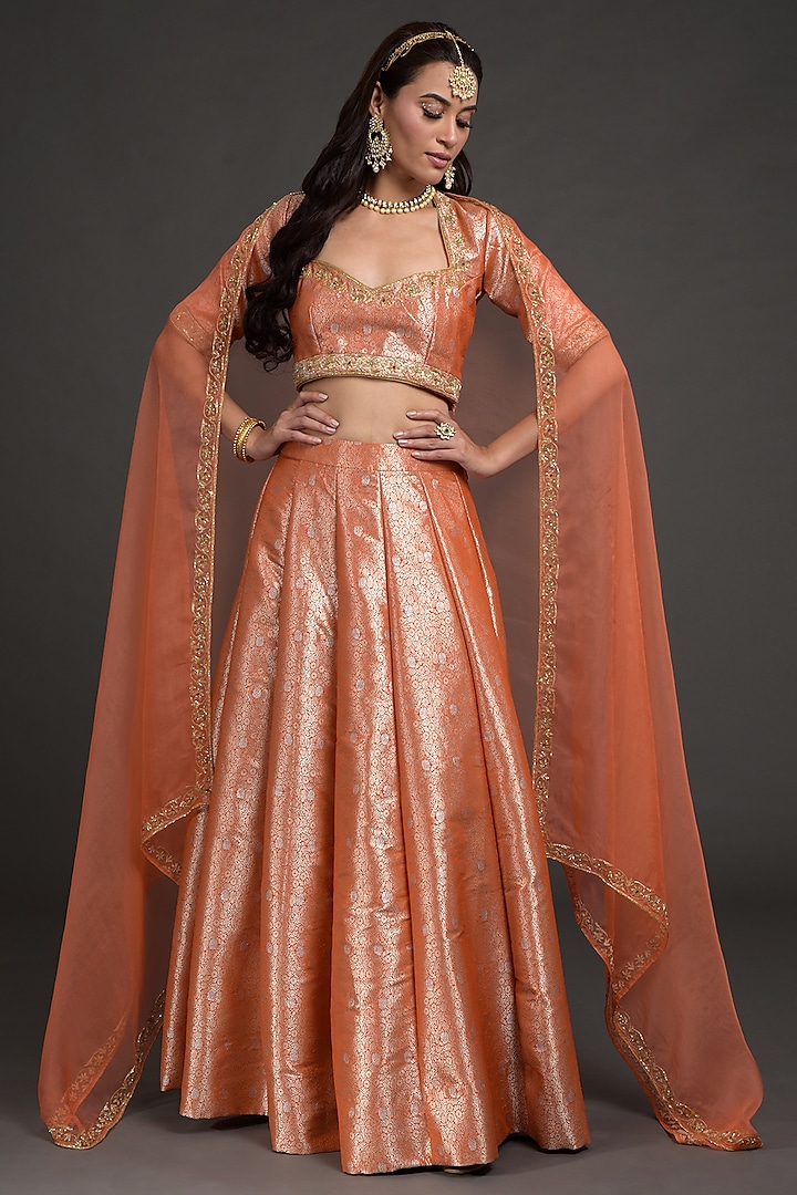 Orange Hand Embroidered Lehenga Set by Talking Threads