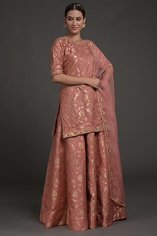 Desert Rose Brocade Silk Embroidered Lehenga Set by Talking Threads
