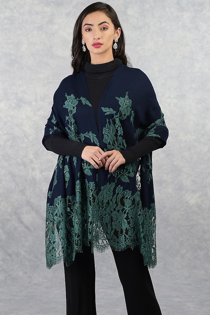 Navy Blue Cashmere & Lace Stole by Talking Threads at Pernia's Pop Up Shop