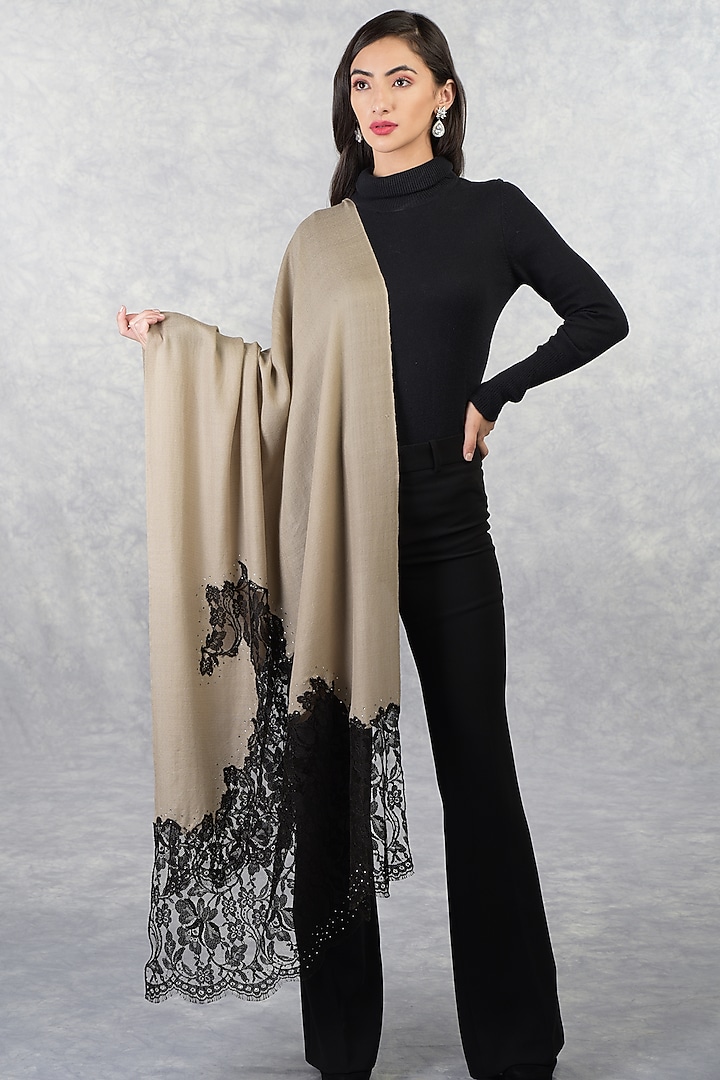 Beige Cashmere & Lace Stole by Talking Threads at Pernia's Pop Up Shop