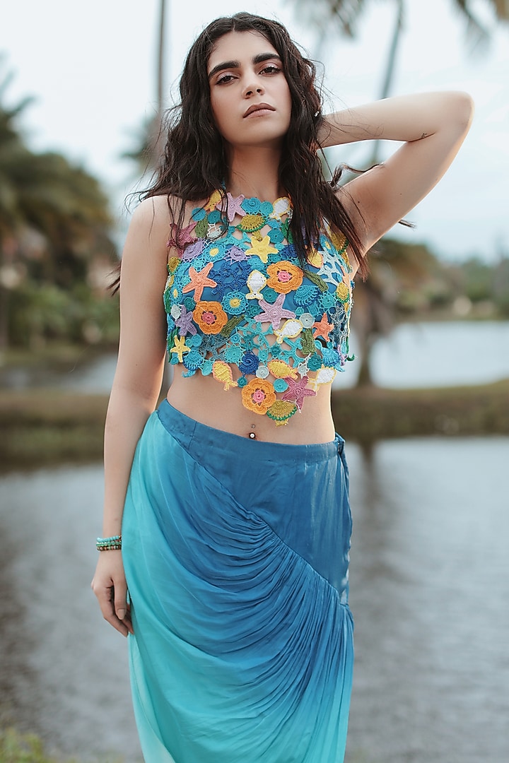 Shaded Blue Net & Satin Crocia Hand Embroidered Skirt Set by The Long Iland at Pernia's Pop Up Shop