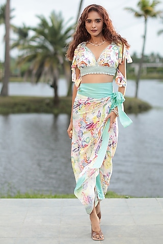 Cream Satin Printed Skirt Set by The Long Iland