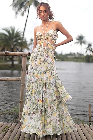 Cream Georgette Hand Embroidered & Printed Gown by The Long Iland