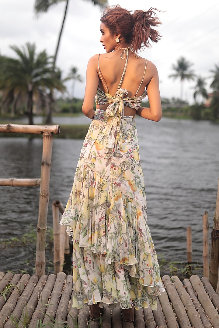 Cream Georgette Hand Embroidered & Printed Party Wear Gown by The Long Iland at Pernia's Pop Up Shop