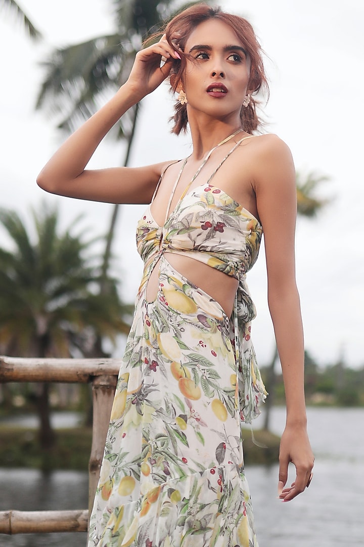 Cream Georgette Hand Embroidered & Printed Party Wear Gown by The Long Iland at Pernia's Pop Up Shop