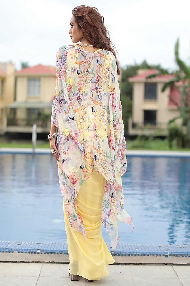 Yellow Georgette Printed & Hand Embroidered Cape Set by The Long Iland at Pernia's Pop Up Shop