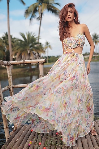 Off-White Organza & Georgette Printed Skirt Set by The Long Iland