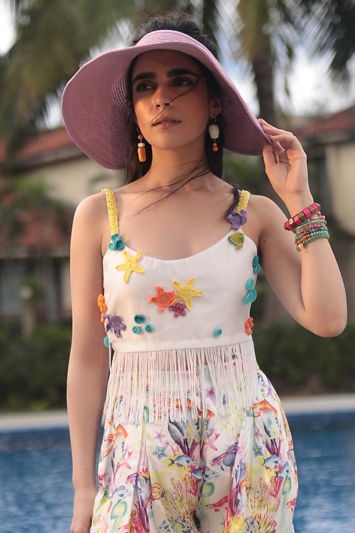 Off-White Silk & Satin Printed Co-Ord Set by The Long Iland at Pernia's Pop Up Shop