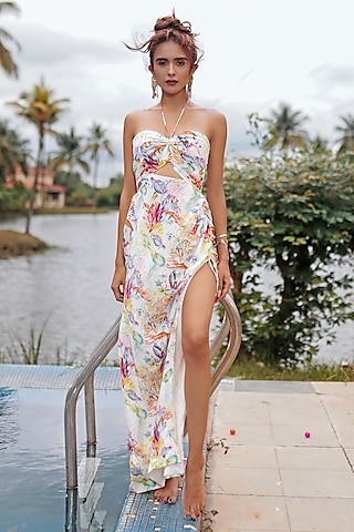 White Crepe Printed Gown by The Long Iland