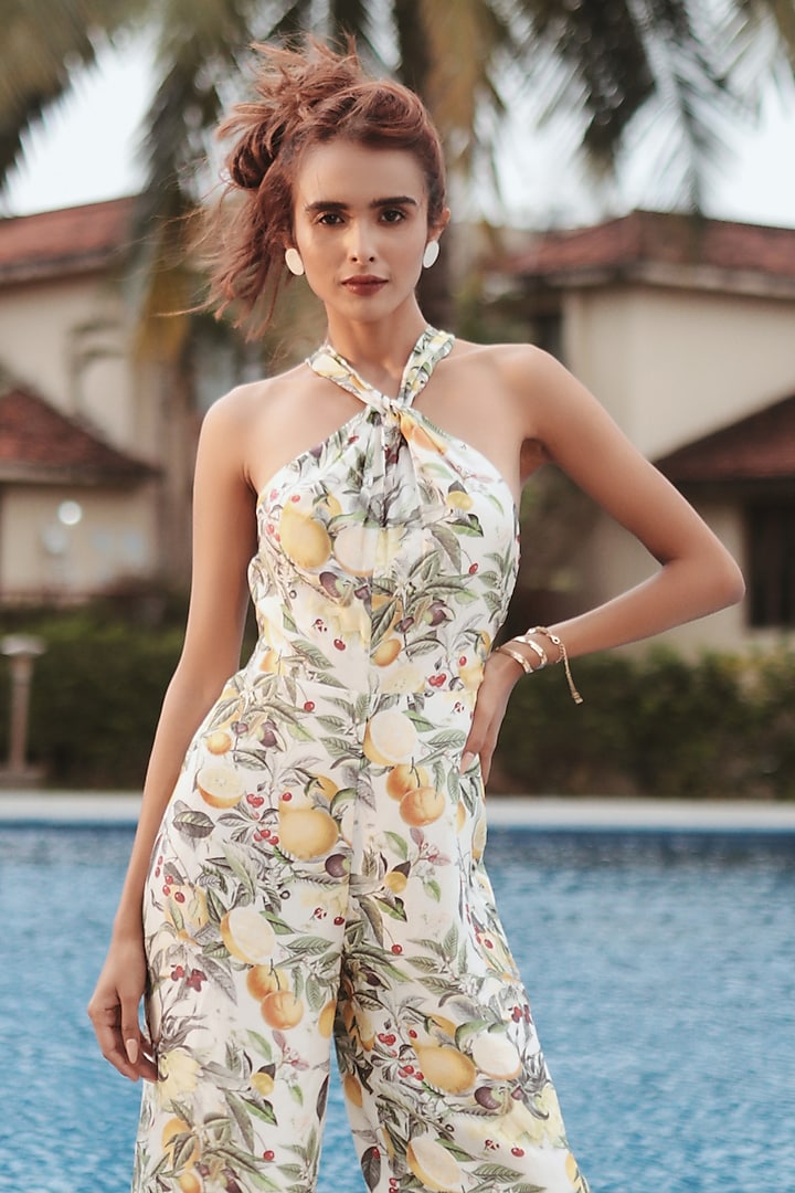 Green Silk Embroidered & Printed Jumpsuit by The Long Iland at Pernia's Pop Up Shop