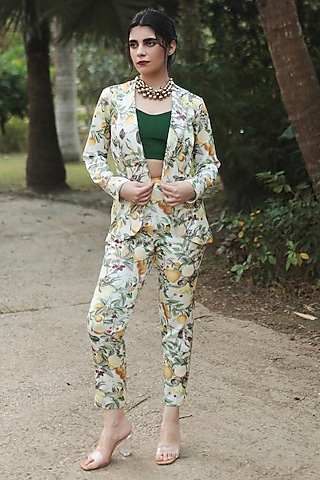 Green Satin Printed Pant Set by The Long Iland