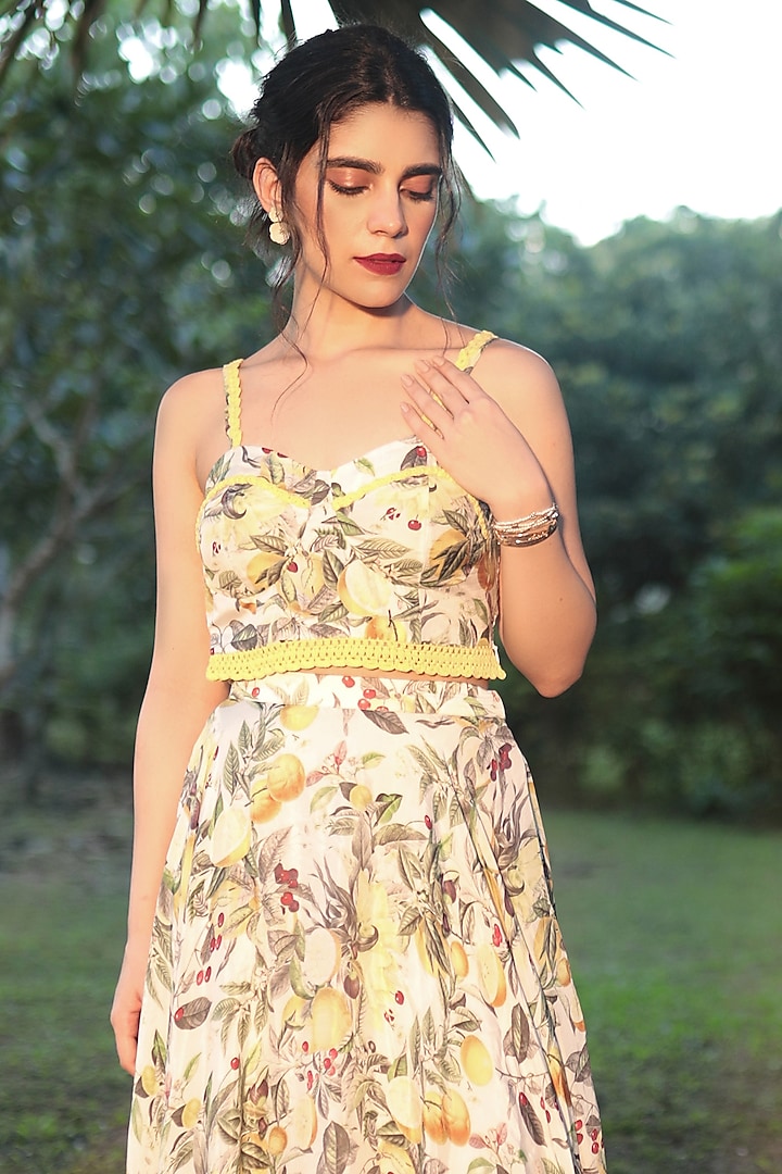Yellow Satin Printed Skirt Set by The Long Iland at Pernia's Pop Up Shop