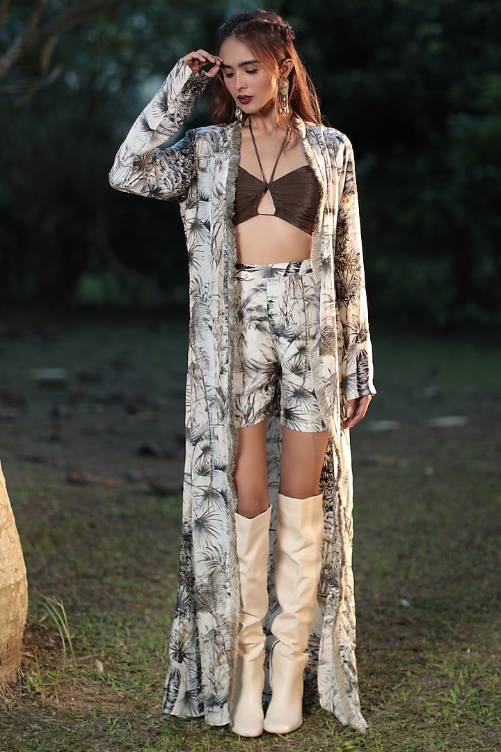 Cream Silk Hand Embroidered & Printed Jacket Set by The Long Iland