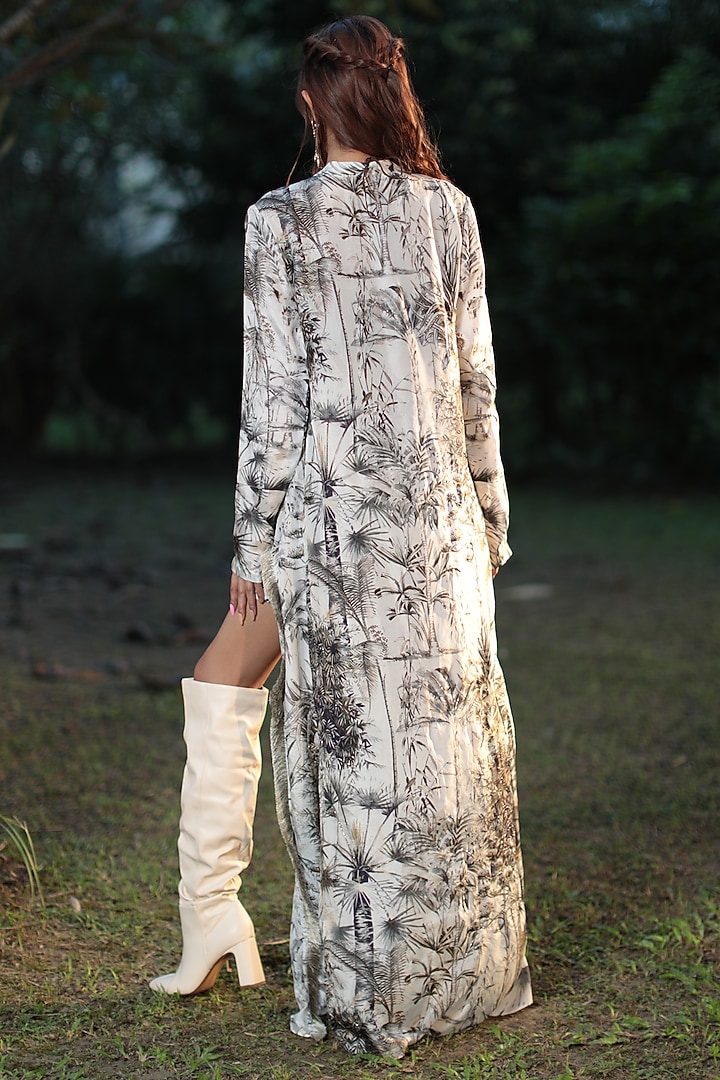 Cream Silk Hand Embroidered & Printed Jacket Set by The Long Iland at Pernia's Pop Up Shop