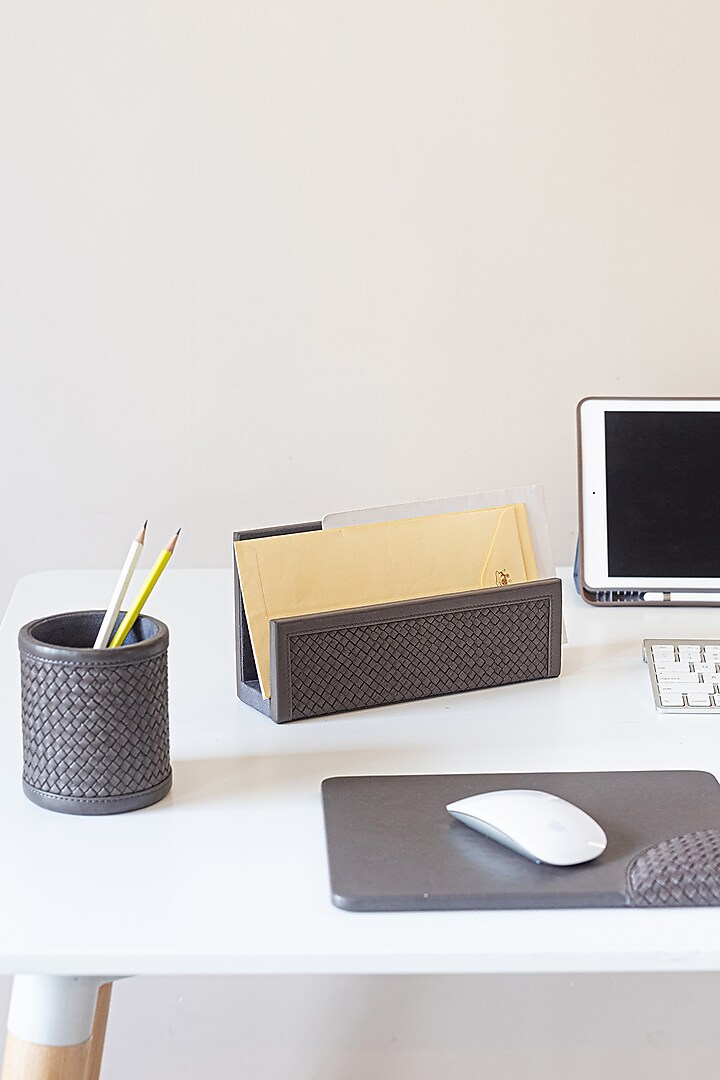Slate Grey Leather Handwoven Pen Holder by The Leather Garden Home & Living at Pernia's Pop Up Shop