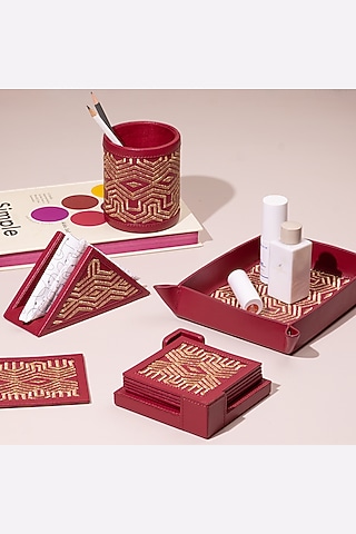Ruby Red Leather Zari Thread Embroidered Square Coasters (Set of 7) by The Leather Garden Home & Living