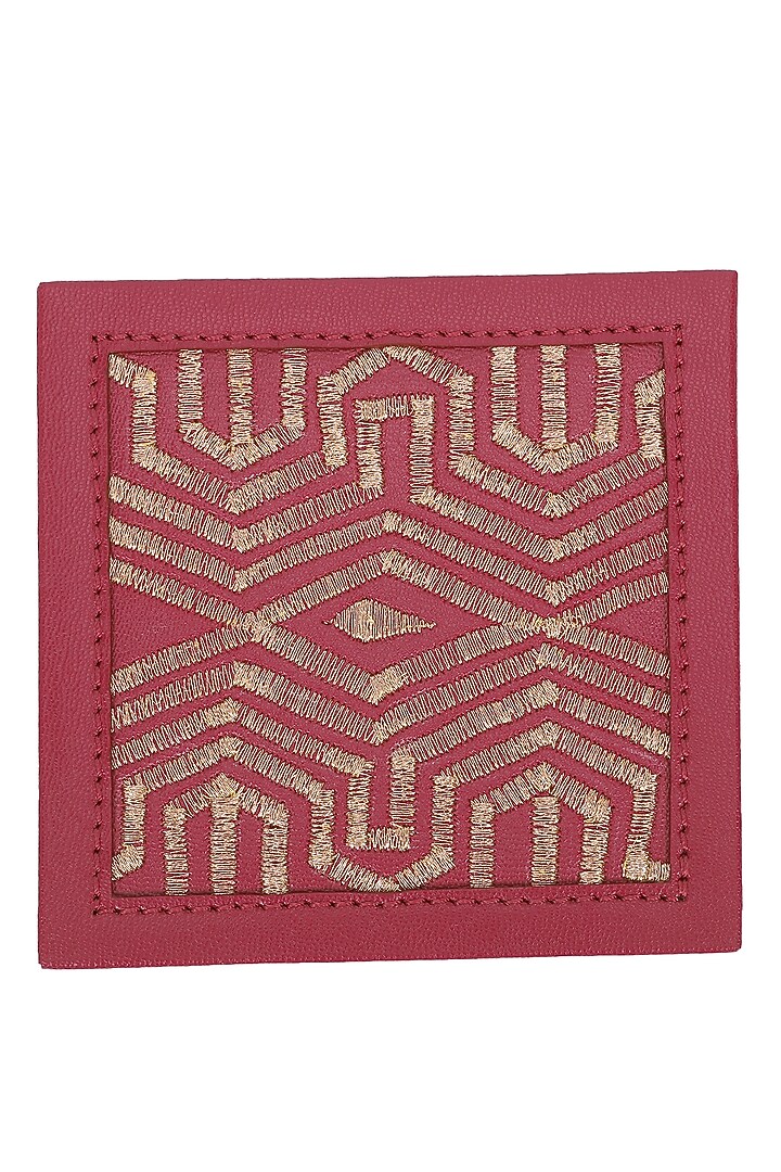 Ruby Red Leather Zari Thread Embroidered Square Coasters (Set of 7) by The Leather Garden Home & Living at Pernia's Pop Up Shop