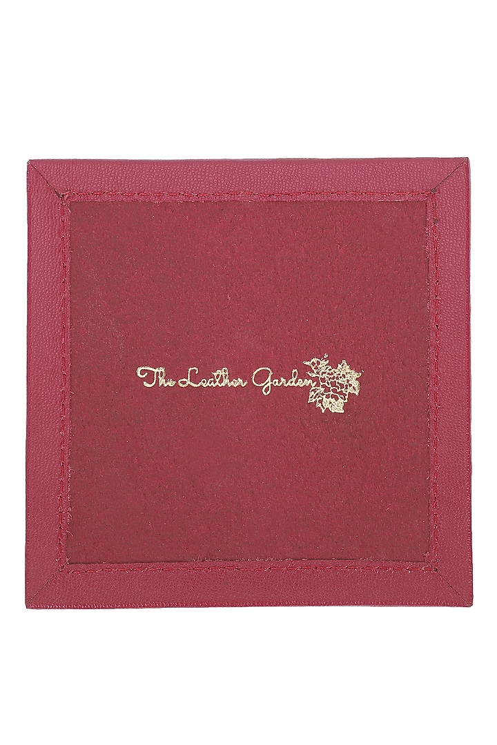 Ruby Red Leather Zari Thread Embroidered Square Coasters (Set of 7) by The Leather Garden Home & Living at Pernia's Pop Up Shop