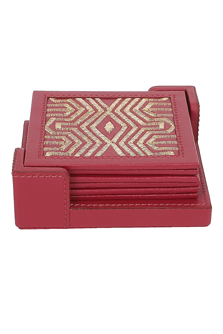 Ruby Red Leather Zari Thread Embroidered Square Coasters (Set of 7) by The Leather Garden Home & Living at Pernia's Pop Up Shop