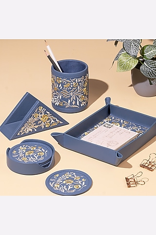 Powder Blue Leather Zari Thread Embroidered Round Coasters (Set of 7) by The Leather Garden Home & Living