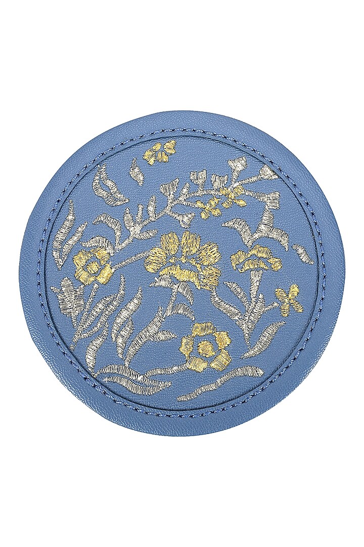 Powder Blue Leather Zari Thread Embroidered Round Coasters (Set of 7) by The Leather Garden Home & Living at Pernia's Pop Up Shop