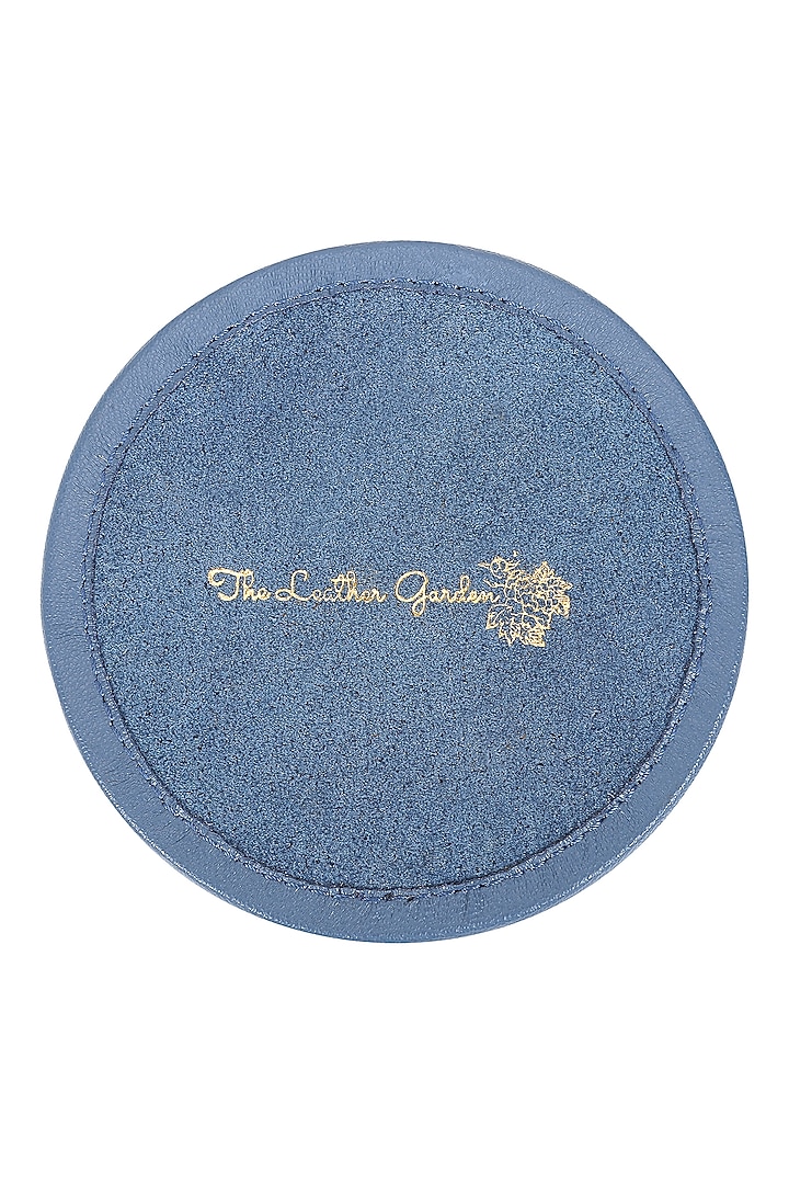 Powder Blue Leather Zari Thread Embroidered Round Coasters (Set of 7) by The Leather Garden Home & Living at Pernia's Pop Up Shop