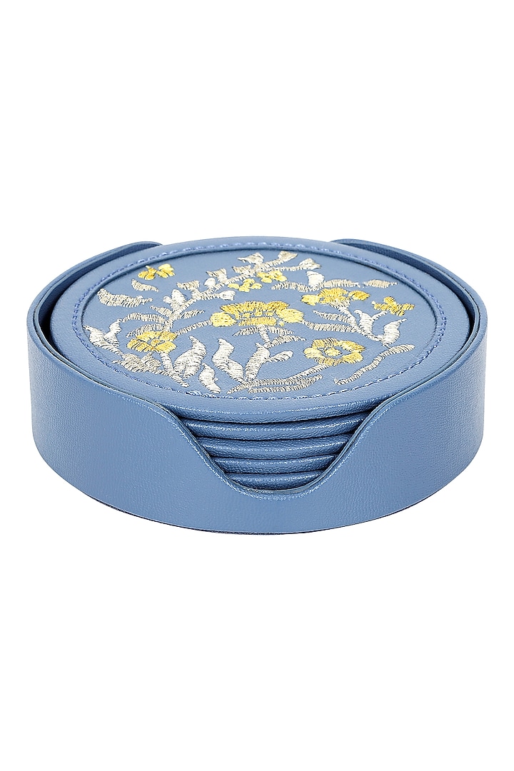 Powder Blue Leather Zari Thread Embroidered Round Coasters (Set of 7) by The Leather Garden Home & Living at Pernia's Pop Up Shop