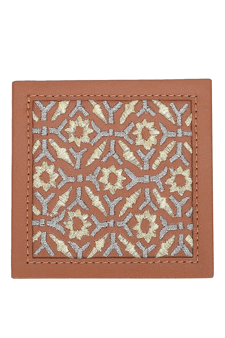 Brown Leather Zari Thread Embroidered Square Coasters (Set of 7) by The Leather Garden Home & Living at Pernia's Pop Up Shop