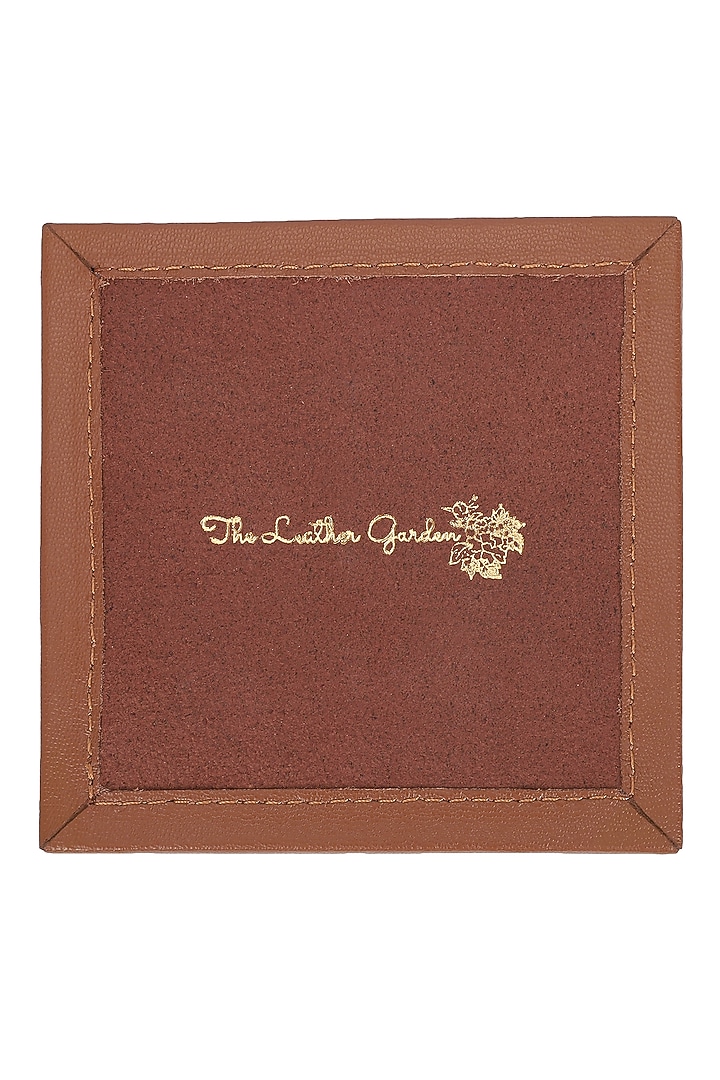 Brown Leather Zari Thread Embroidered Square Coasters (Set of 7) by The Leather Garden Home & Living at Pernia's Pop Up Shop