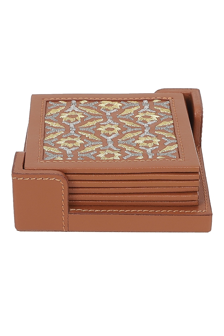 Brown Leather Zari Thread Embroidered Square Coasters (Set of 7) by The Leather Garden Home & Living at Pernia's Pop Up Shop